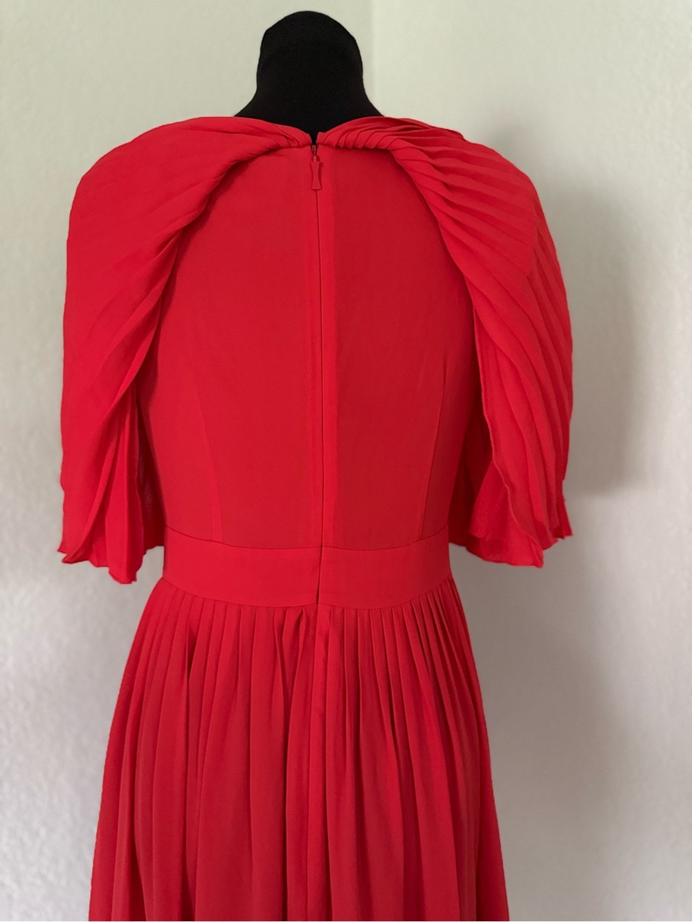 Kate Spade New York Pleated Cape Sleeve Dress Size 6 Coral Red Elegant Midi - Picture 4 of 11